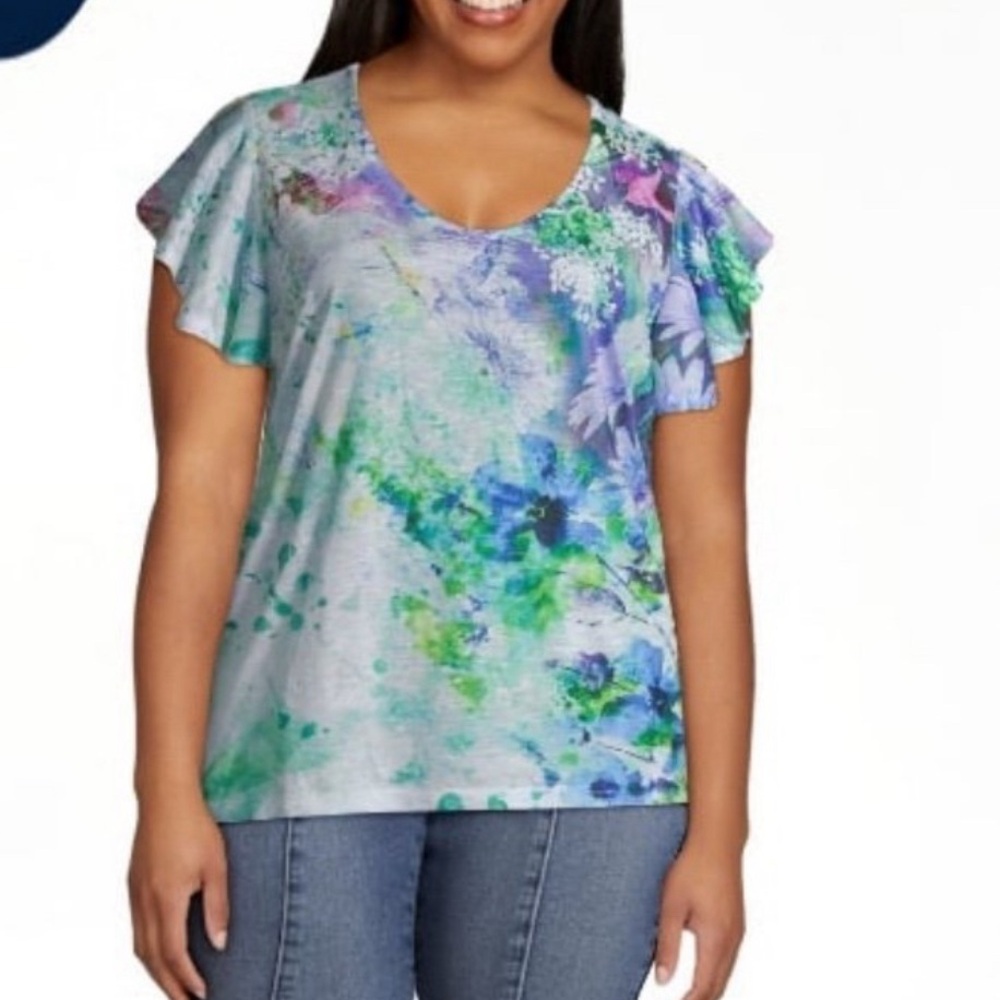 Time and Tru Women’s 2X Floral Flutter Sleeve Rhinestone Blouse Top